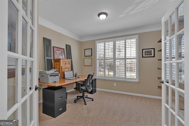 carpeted office space with ornamental molding, french doors, and baseboards