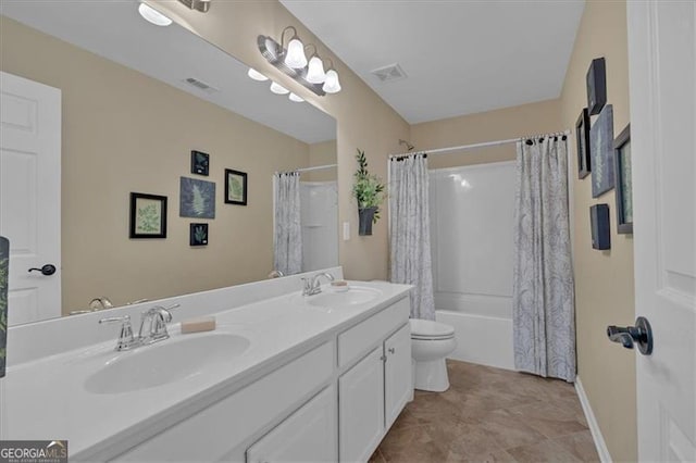 bathroom featuring double vanity, a sink, toilet, and shower / tub combo with curtain