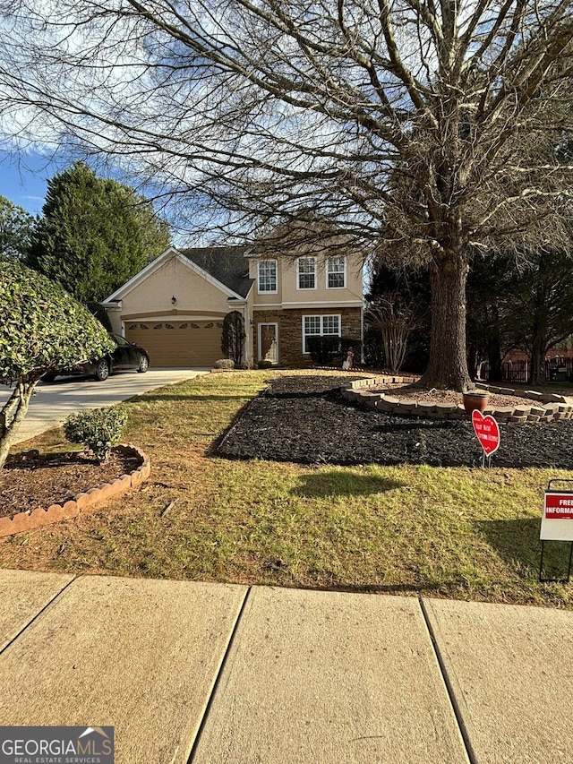 view of front of house with concrete driveway, an attached garage, and stone siding