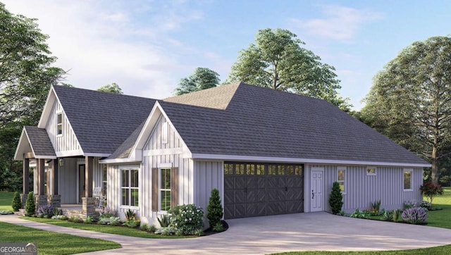 view of front facade with a shingled roof, covered porch, an attached garage, board and batten siding, and driveway