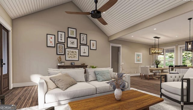 living area with high vaulted ceiling, baseboards, and ceiling fan with notable chandelier