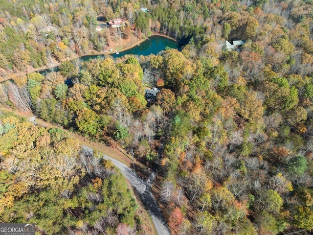 bird's eye view with a forest view and a water view