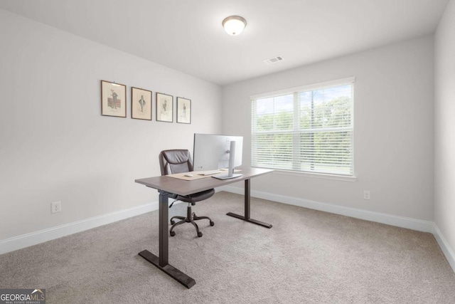 office with carpet floors, baseboards, and visible vents