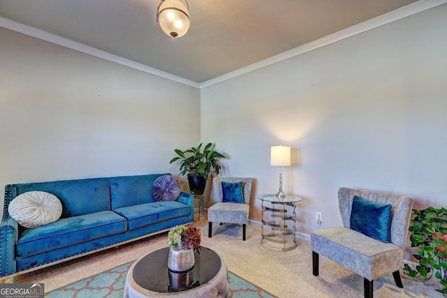 carpeted living area featuring crown molding and baseboards