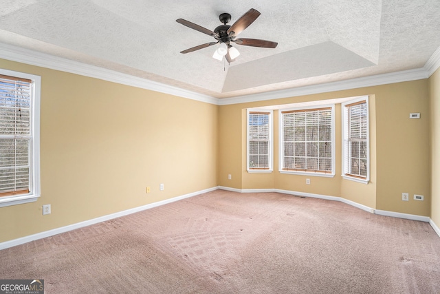 carpeted spare room with a raised ceiling, a textured ceiling, and ceiling fan