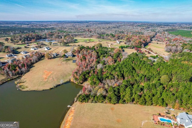 birds eye view of property with a water view and a forest view