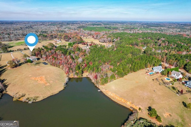 drone / aerial view with a water view and a forest view