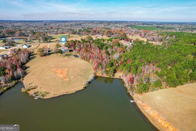 aerial view featuring a water view and a view of trees