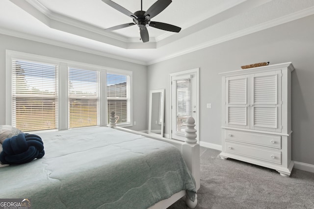 carpeted bedroom featuring ornamental molding, a raised ceiling, baseboards, and a ceiling fan