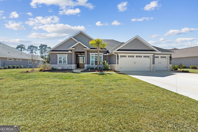 craftsman-style home with an attached garage, stone siding, driveway, and a front yard