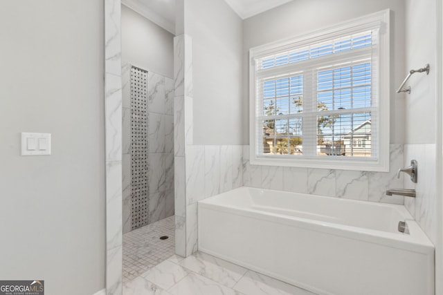 full bath with a wealth of natural light, marble finish floor, a garden tub, and a marble finish shower