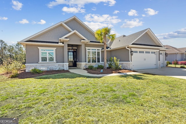 view of front facade with stucco siding, a garage, stone siding, driveway, and a front lawn