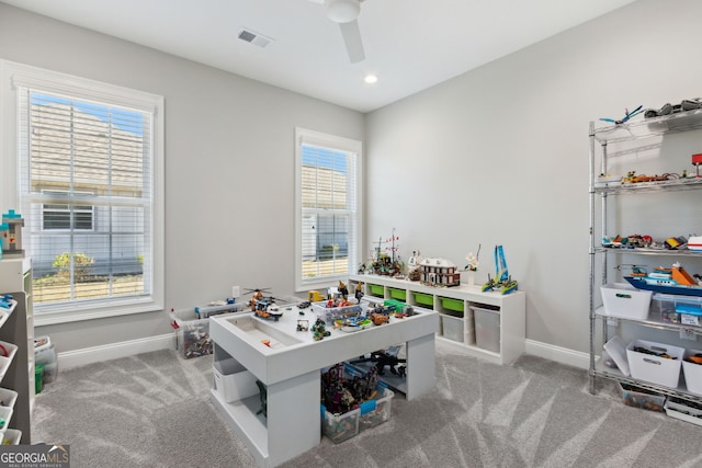 rec room featuring carpet, visible vents, baseboards, and recessed lighting