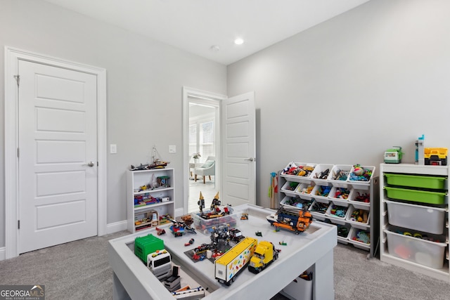 playroom featuring baseboards, carpet, and recessed lighting