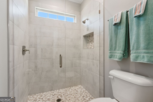 full bathroom with a shower stall and toilet