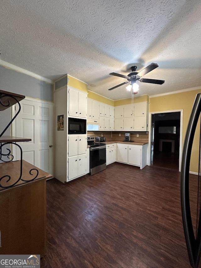 kitchen with white cabinets, dark wood finished floors, ceiling fan, a textured ceiling, and black appliances