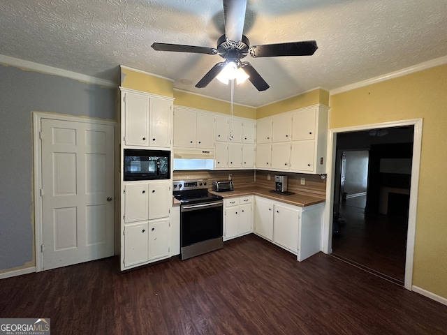 kitchen with white cabinets, dark wood finished floors, electric stove, a textured ceiling, and black microwave