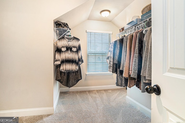 spacious closet with lofted ceiling and carpet flooring