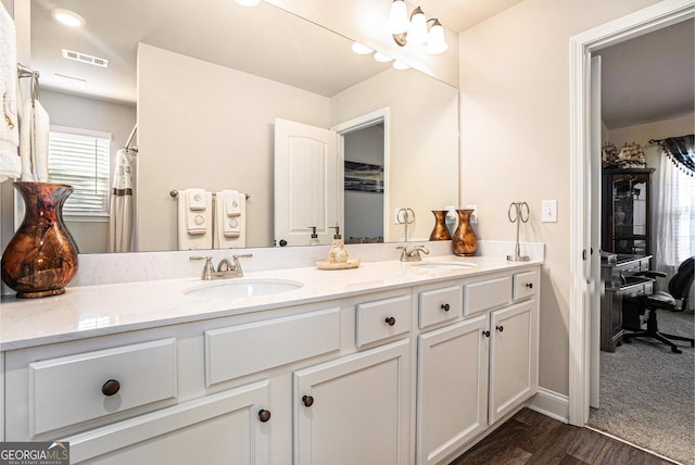 bathroom featuring visible vents, a sink, and double vanity