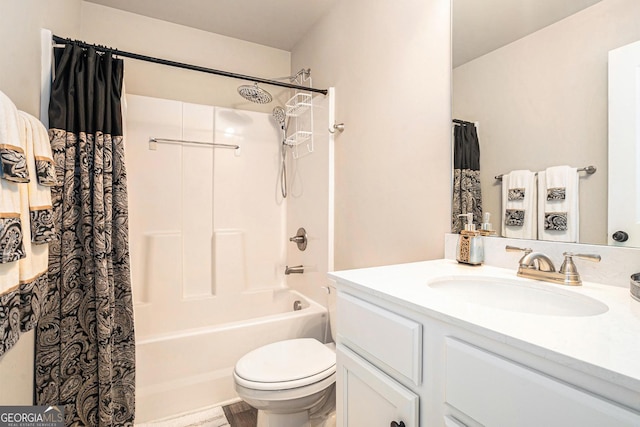 full bathroom featuring vanity, toilet, and shower / tub combo with curtain