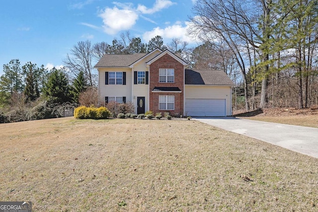 view of front facade featuring a front lawn, concrete driveway, brick siding, and an attached garage