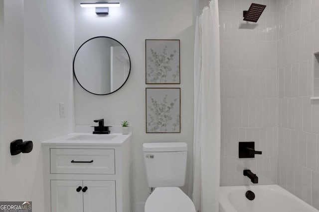 bathroom with vanity, toilet, and shower / bathtub combination with curtain