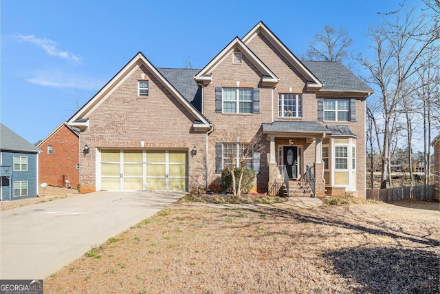 view of front of house featuring a garage, brick siding, driveway, and a shingled roof