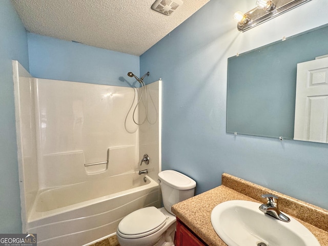 bathroom featuring shower / washtub combination, visible vents, toilet, a textured ceiling, and vanity