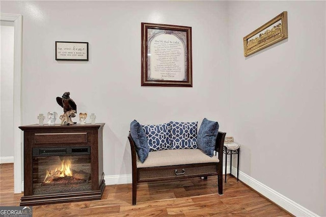 sitting room featuring a glass covered fireplace, baseboards, and wood finished floors