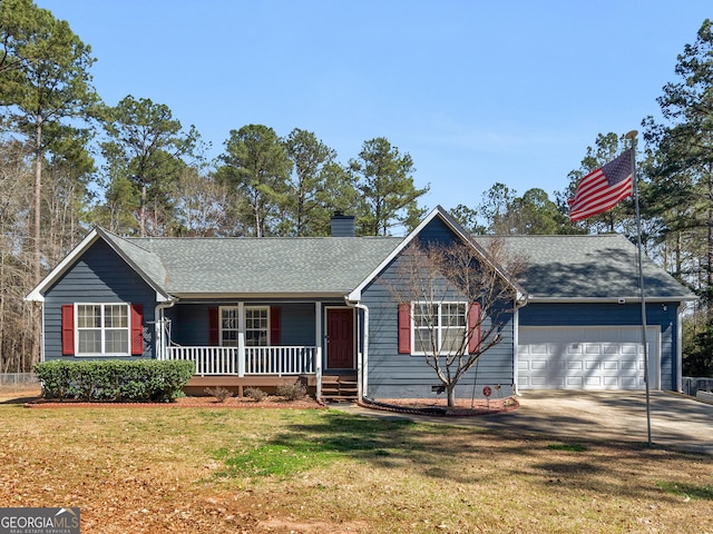 ranch-style house with a porch, an attached garage, crawl space, a chimney, and a front yard