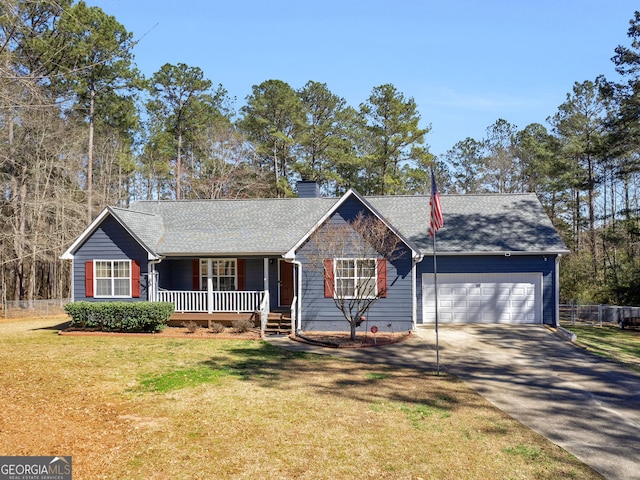 ranch-style home featuring a chimney, a porch, an attached garage, driveway, and a front lawn