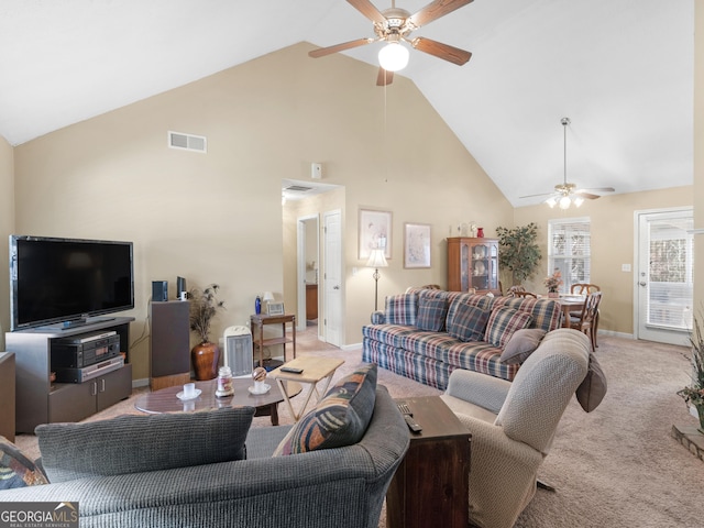 living room with carpet floors, visible vents, ceiling fan, high vaulted ceiling, and baseboards