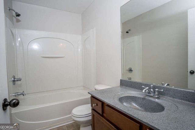 full bath with shower / bathing tub combination, vanity, and toilet