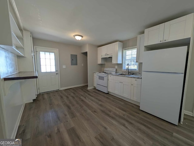 kitchen with plenty of natural light, white appliances, electric panel, and a sink