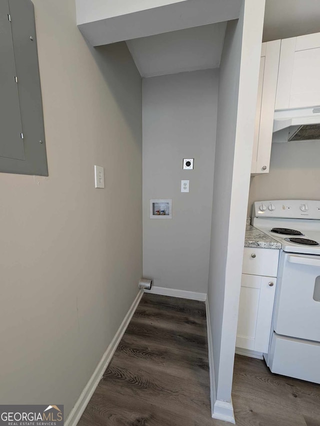 kitchen with electric panel, baseboards, dark wood finished floors, under cabinet range hood, and white range with electric cooktop