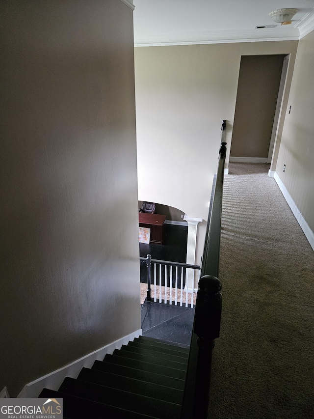 stairs featuring baseboards, carpet flooring, visible vents, and crown molding