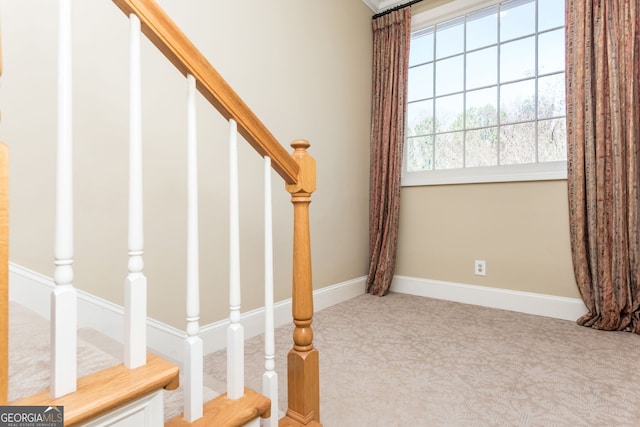 staircase featuring carpet flooring and baseboards