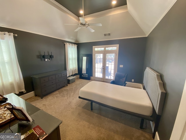 bedroom with lofted ceiling, light carpet, visible vents, french doors, and crown molding