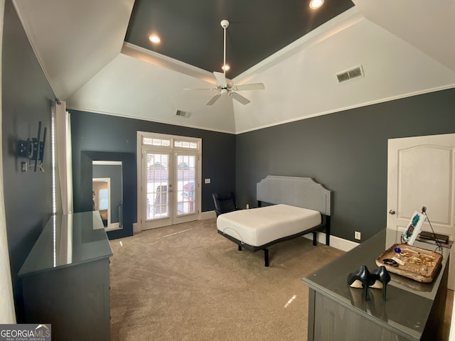 bedroom with carpet floors, visible vents, vaulted ceiling, and french doors