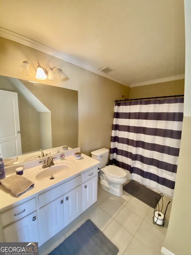 full bath with visible vents, toilet, tile patterned flooring, crown molding, and vanity