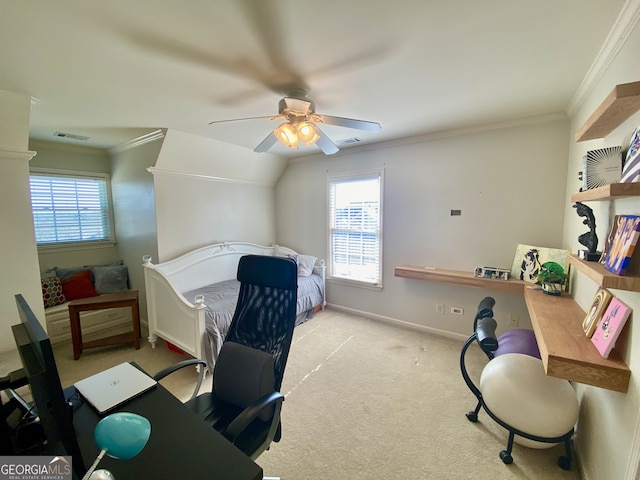 bedroom featuring multiple windows, visible vents, crown molding, and carpet flooring