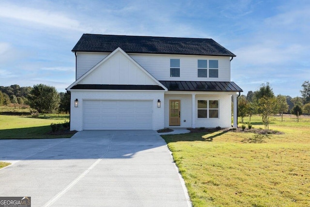 modern farmhouse style home with concrete driveway, an attached garage, a front yard, a standing seam roof, and metal roof