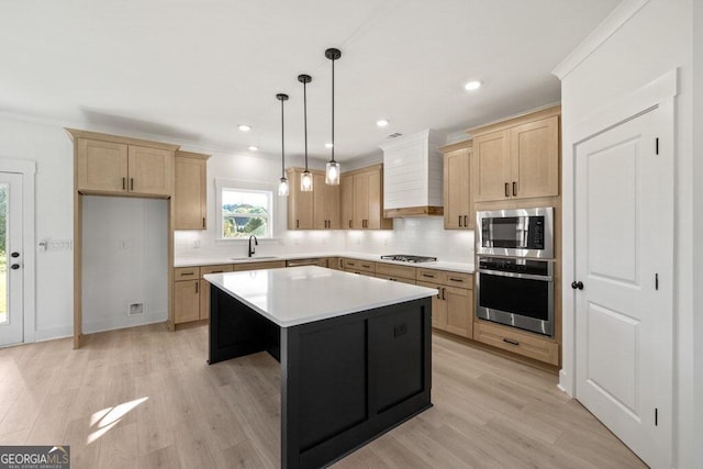 kitchen with stainless steel appliances, premium range hood, crown molding, and light brown cabinetry