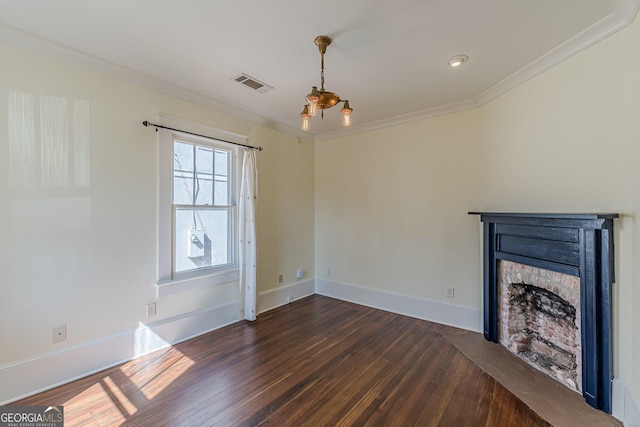 unfurnished living room with crown molding, a fireplace with flush hearth, visible vents, dark wood-style flooring, and baseboards