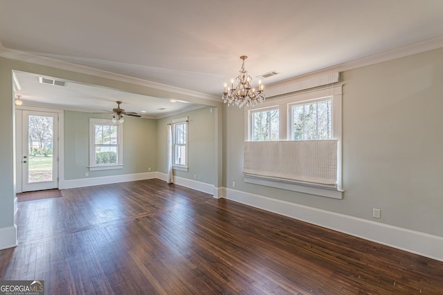 interior space with dark wood-type flooring, visible vents, baseboards, and ornamental molding