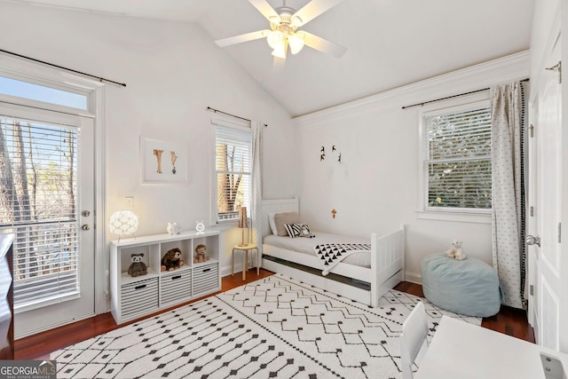 bedroom with lofted ceiling, access to outside, ceiling fan, and wood finished floors