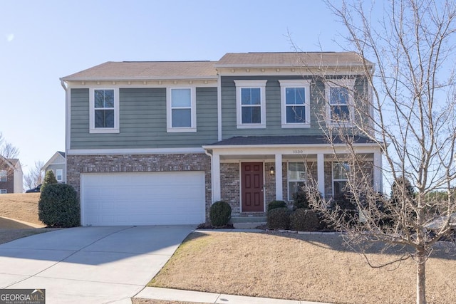 view of front of home with driveway, covered porch, an attached garage, and brick siding