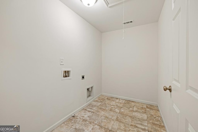 clothes washing area with laundry area, attic access, visible vents, hookup for a washing machine, and electric dryer hookup