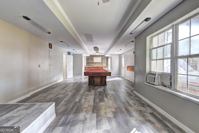 rec room featuring billiards, baseboards, and dark wood-type flooring