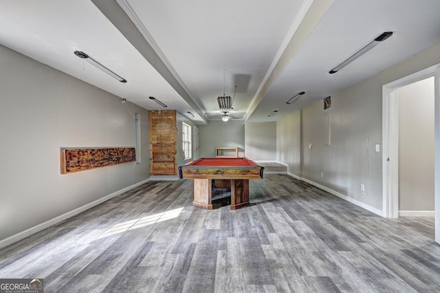 recreation room featuring billiards, baseboards, and wood finished floors